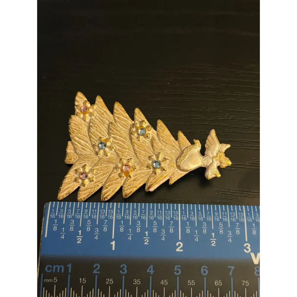 Vintage Style Gold Christmas Tree Brooch Angel Topper Pin